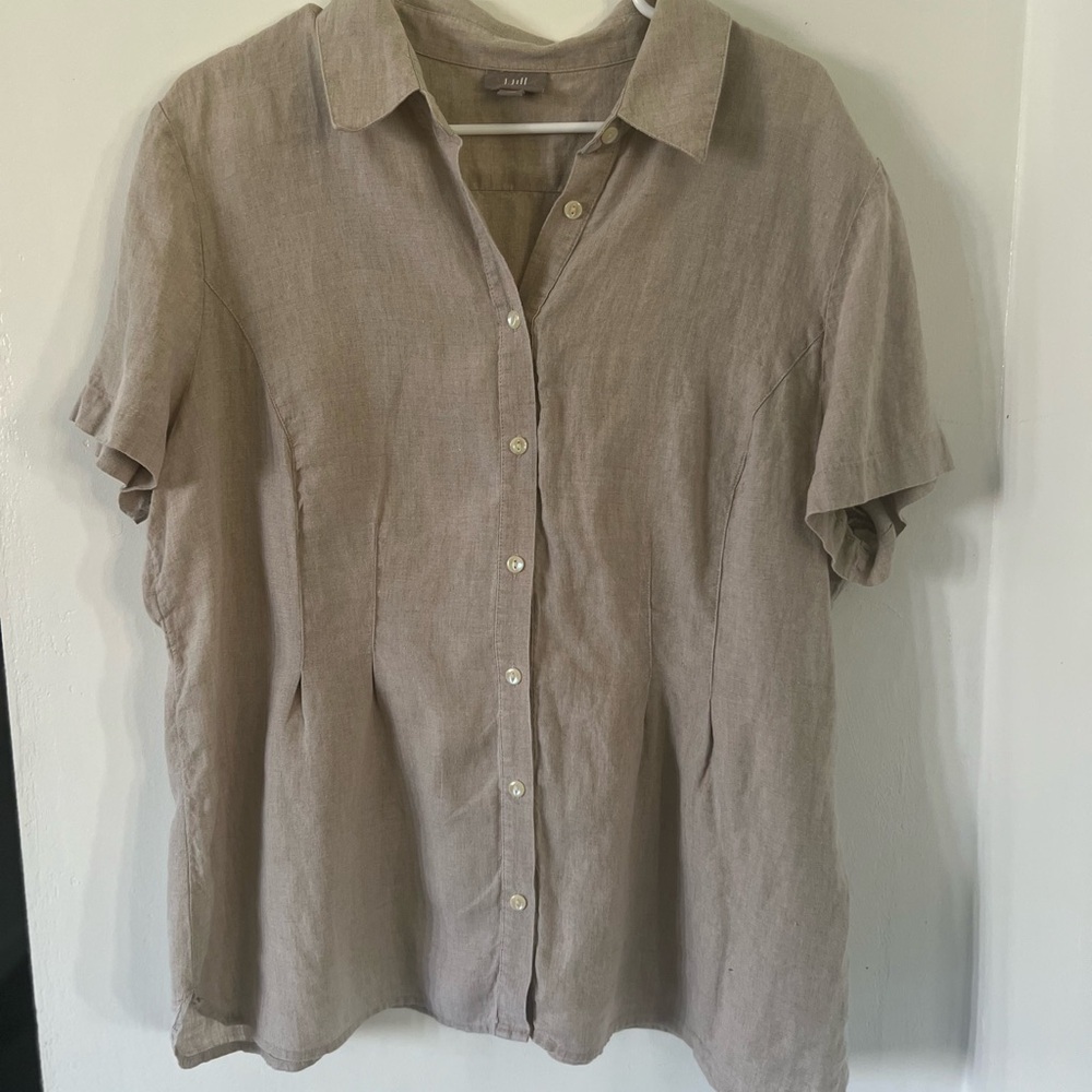 J. Jill button down short sleeve tan blouse 100% linen